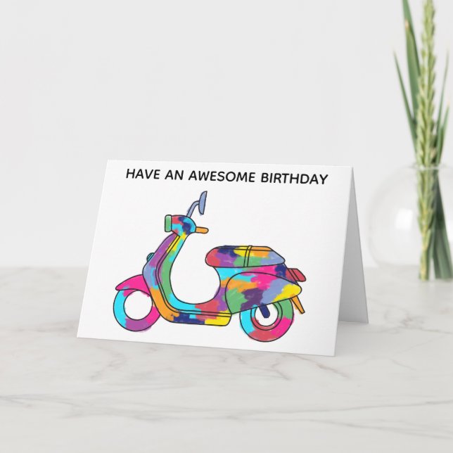 Rainbow Coloured Electric Motor Scooter Birthday Card (Front)