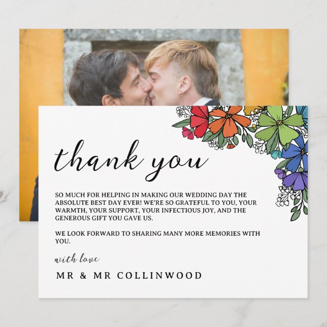 Rainbow Coloured Flowers LGBT Photo Wedding Thank You Card (Front/Back)