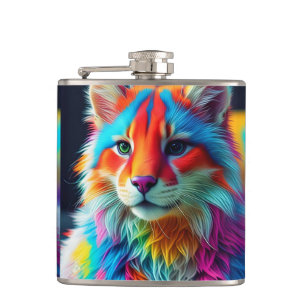 Rainbow Coloured Furry Cat-68587 Hip Flask