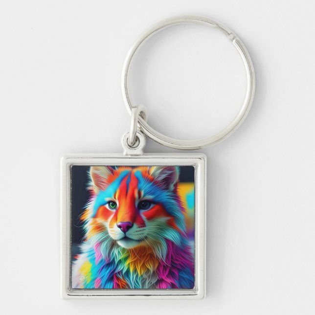 Rainbow Coloured Furry Cat-68587 Key Ring (Front)