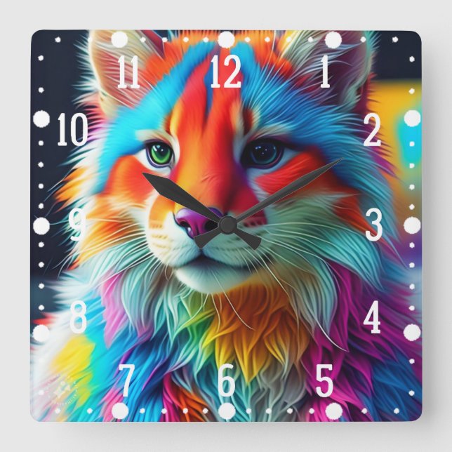 Rainbow Coloured Furry Cat-68587 Square Wall Clock (Front)