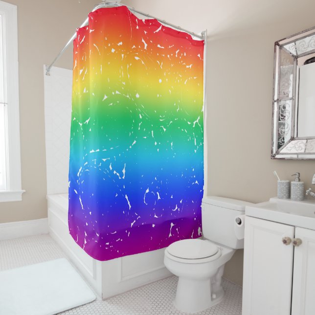 Rainbow coloured giant paisley pattern shower curtain (In Situ)