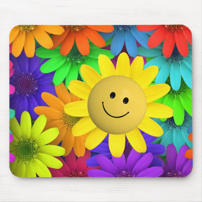 Rainbow Coloured Happy Face Flowers Mouse Mat (Front)