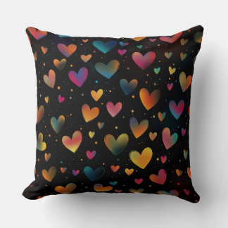 Rainbow Coloured Hearts Galaxy Black Background Cushion