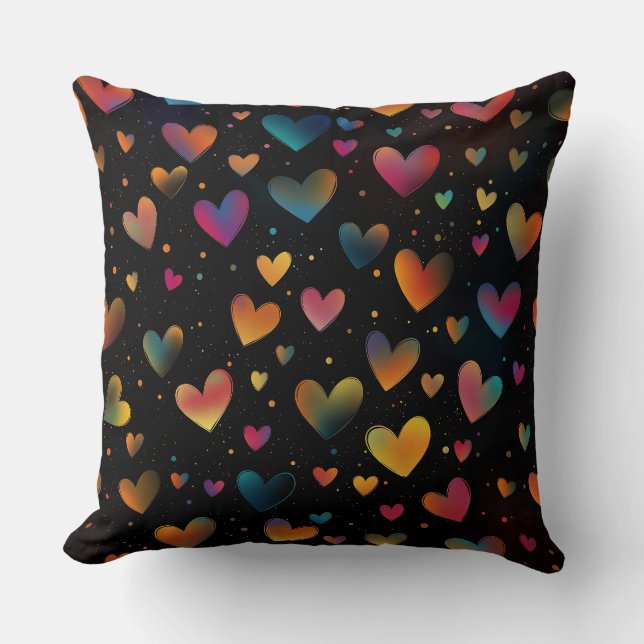 Rainbow Coloured Hearts Galaxy Black Background Cushion (Front)