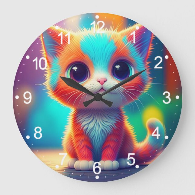 Rainbow Coloured Kitten Cartoon  Large Clock (Front)
