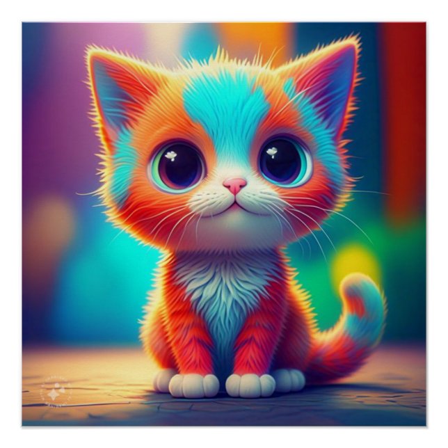 Rainbow Coloured Kitten Cartoon  Poster (Front)