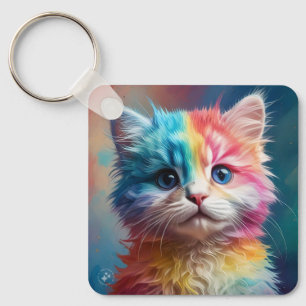 Rainbow Coloured Kitten Potrait Key Ring
