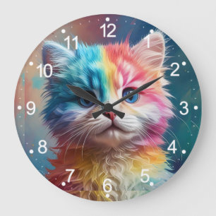 Rainbow Coloured Kitten Potrait Large Clock