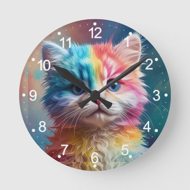 Rainbow Coloured Kitten Potrait  Round Clock (Front)