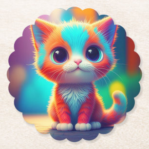 Rainbow Coloured Kitten Sitting Cartoon-68677 Paper Coaster