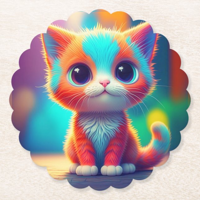 Rainbow Coloured Kitten Sitting Cartoon-68677  Paper Coaster (Front)