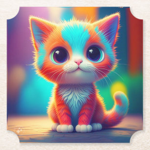 Rainbow Coloured Kitten Sitting Cartoon-68677 Paper Coaster