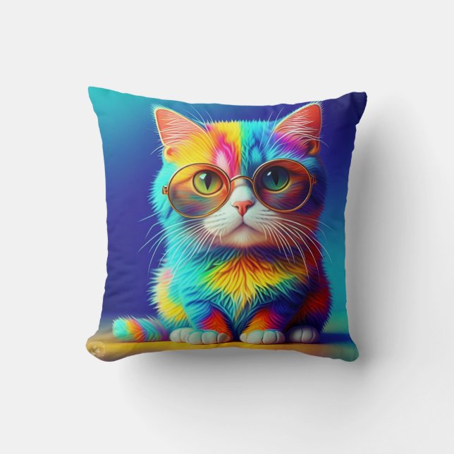 Rainbow Coloured Kitten Wearing Glasses-46568 Cushion (Front)