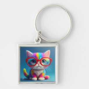 Rainbow Coloured Kitten Wearing Glasses-46568 Key Ring