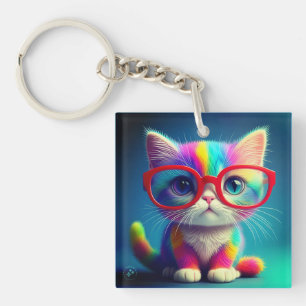 Rainbow Coloured Kitten Wearing Glasses-46568 Key Ring