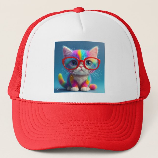 Rainbow Coloured Kitten Wearing Glasses-46568 Trucker Hat (Front)