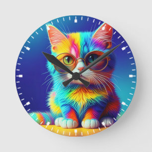 Rainbow Coloured Kitten Wearing Glasses-57466 Round Clock