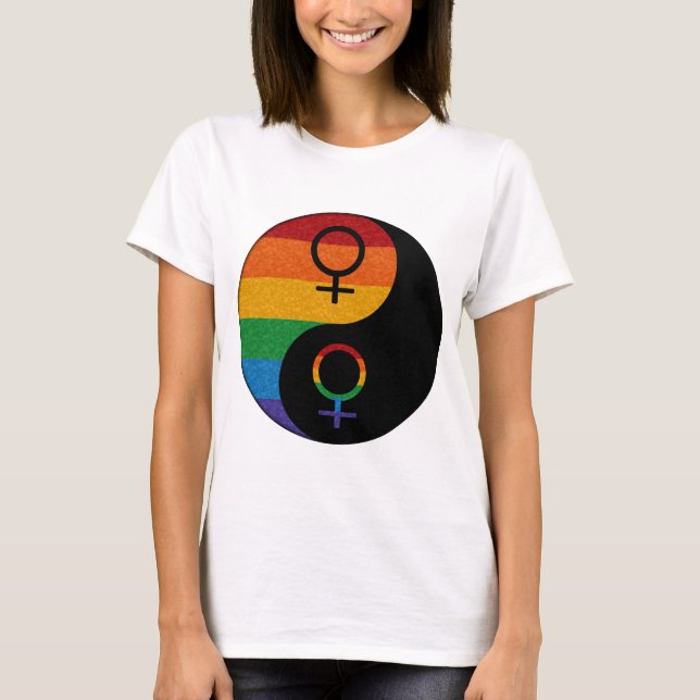 Rainbow Coloured Lesbian Pride Yin and Yang  T-Shirt (Front)