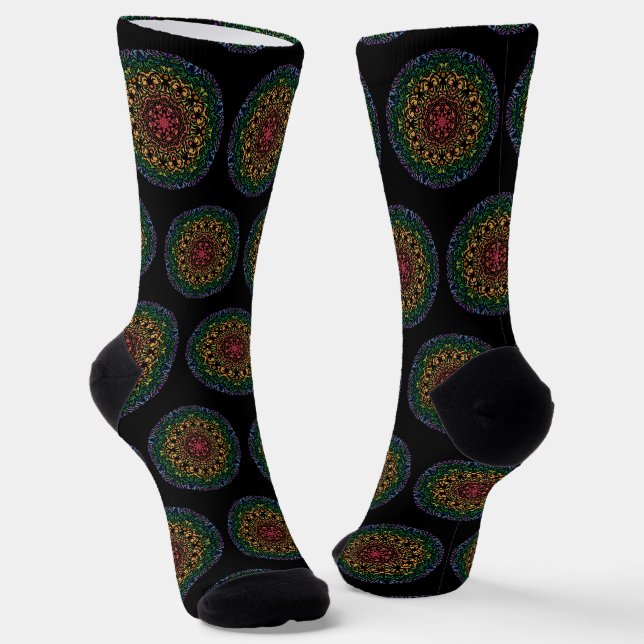 Rainbow coloured mandala socks (Angled)