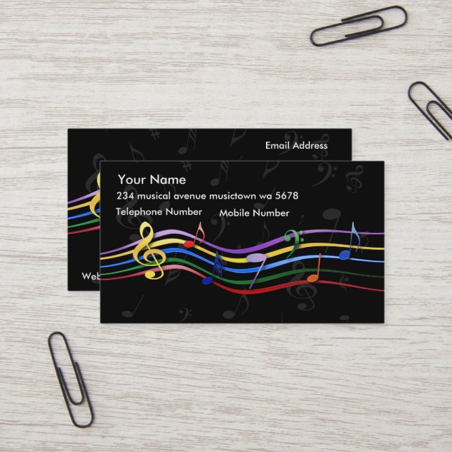 Rainbow Coloured Music Notes Business Card (Front/Back In Situ)