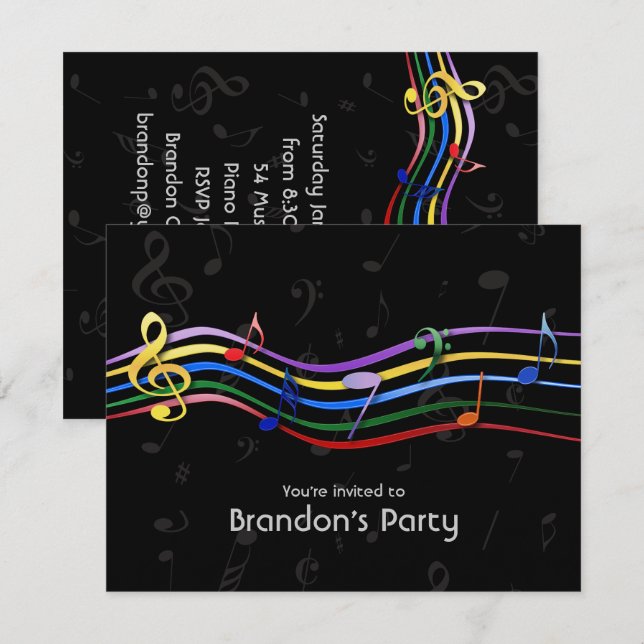 Rainbow Coloured Music Notes Invitations (Front/Back)