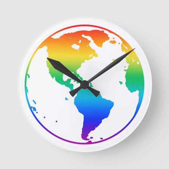 Rainbow coloured planet earth round clock (Front)