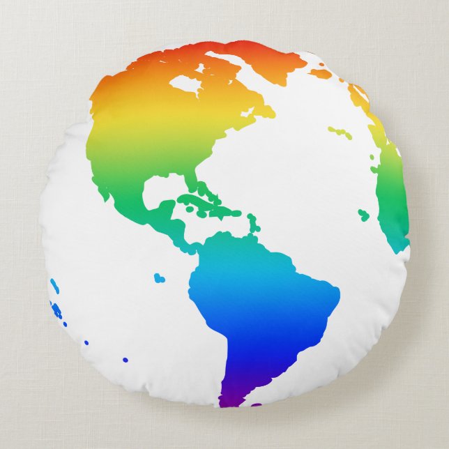 Rainbow coloured planet earth round cushion (Front)
