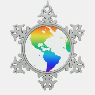 Rainbow coloured planet earth snowflake pewter christmas ornament