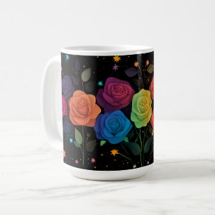 Rainbow Coloured Roses Galaxy Stars Black Whimsica Coffee Mug