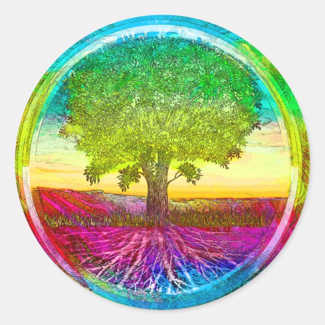 Rainbow Coloured Tree of Life Classic Round Sticker (Front)