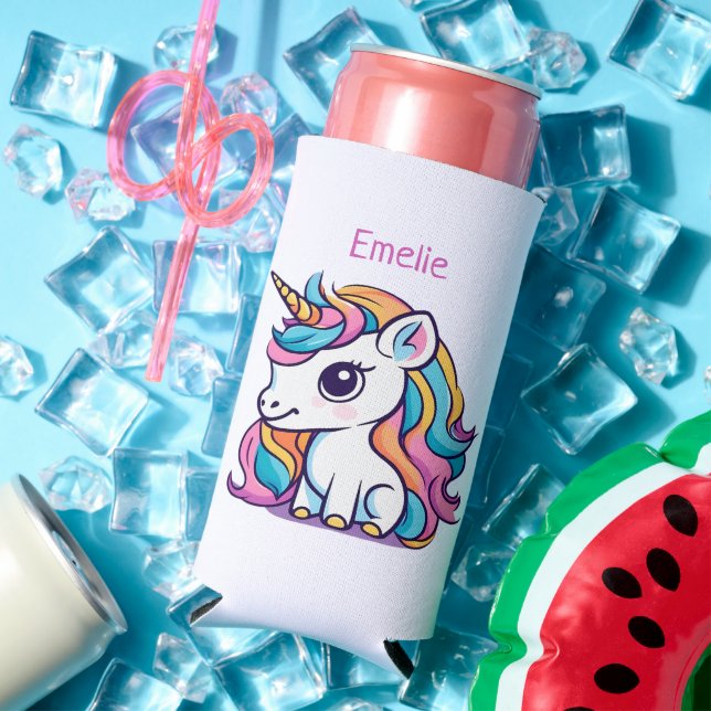 Rainbow Coloured Unicorn Motif Seltzer Can Cooler (In Situ Summer)
