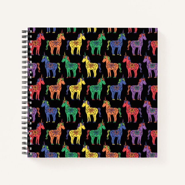 Rainbow Coloured Unicorns on Black Spiral Notebook (Front)
