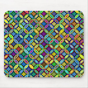 Rainbow-coloured wallpaper with flowers and circle mouse mat