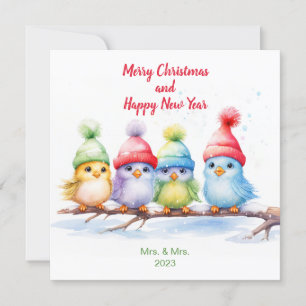 Rainbow Colourful Christmas Birds Holiday Card