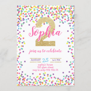 Rainbow Colourful Confetti Gold Girl 2nd Birthday Invitation