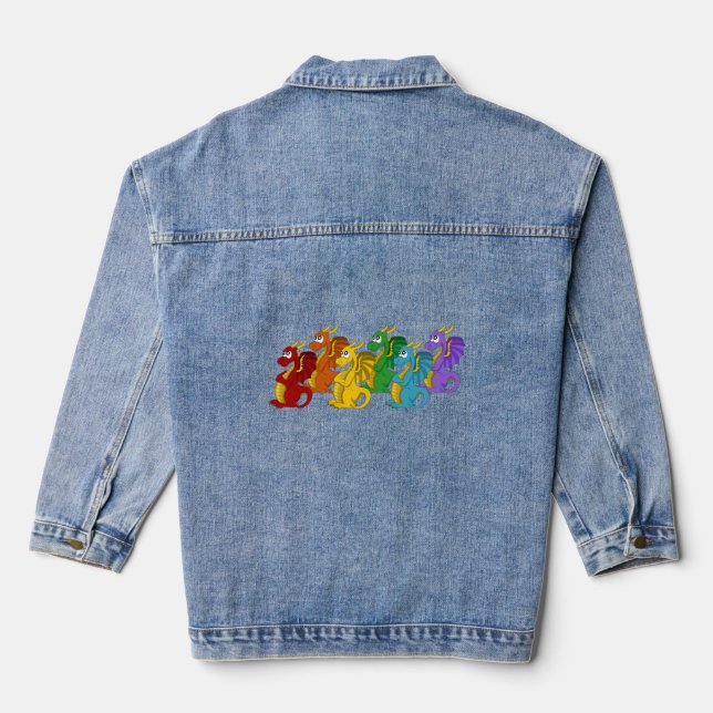 Rainbow colourful dragons cartoon  denim jacket (Back)