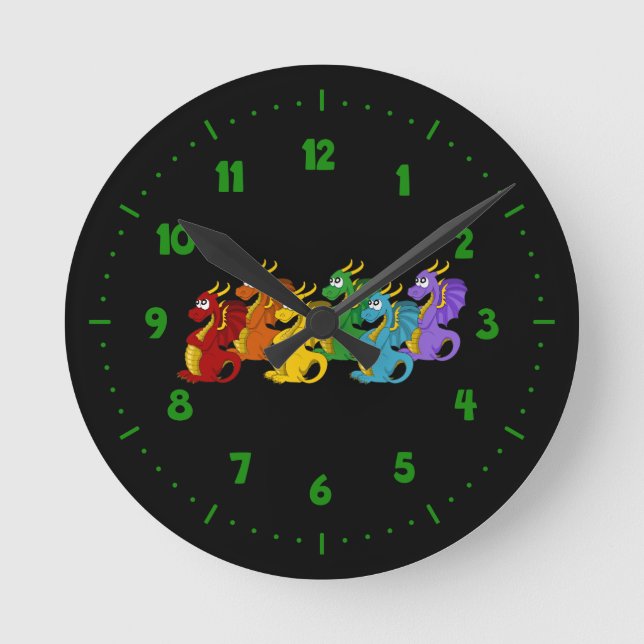 Rainbow colourful dragons cartoon  round clock (Front)