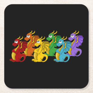 Rainbow colourful dragons cartoon  square paper coaster