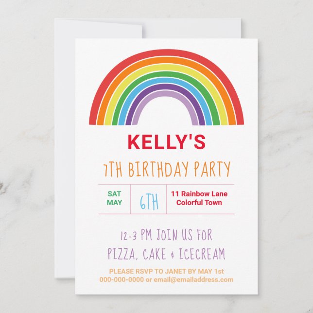 Rainbow Colourful Girls Birthday Party Invitation (Front)