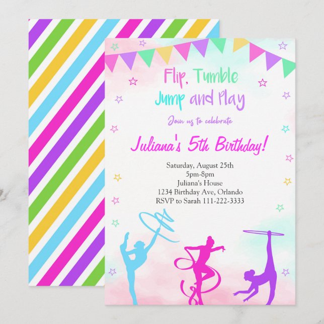 Rainbow Colourful Girls Gymnastic Birthday Invite (Front/Back)