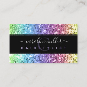 Rainbow Colourful Glitter Monogram Beauty Salon Business Card