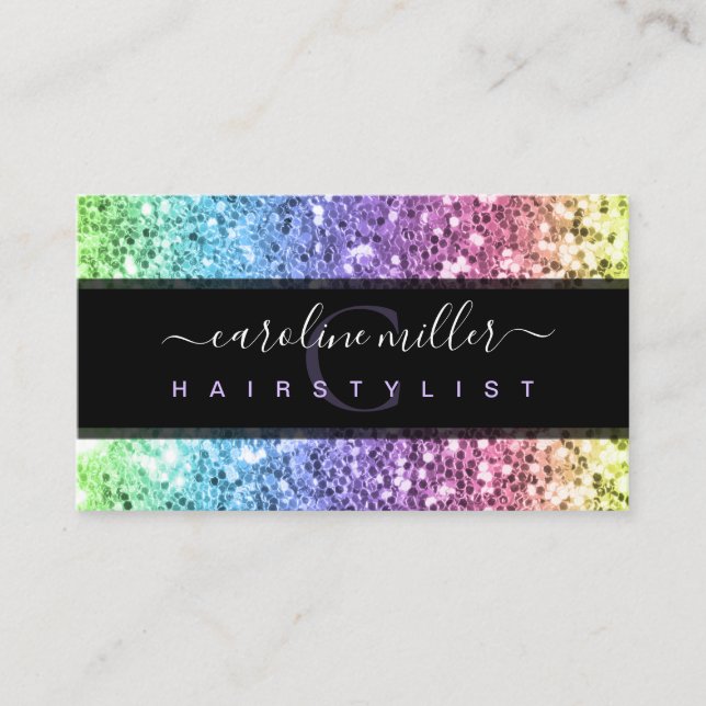 Rainbow Colourful Glitter Monogram Beauty Salon Business Card (Front)