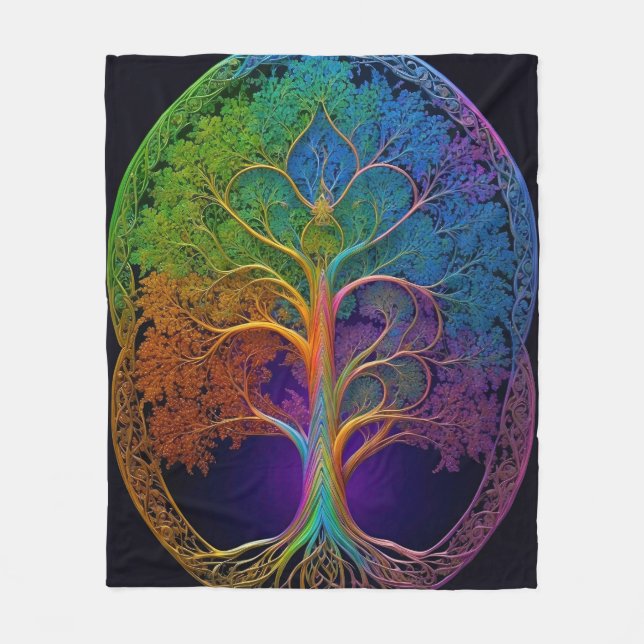 Rainbow Colourful Golden Tree of Life Fleece Blanket (Front)