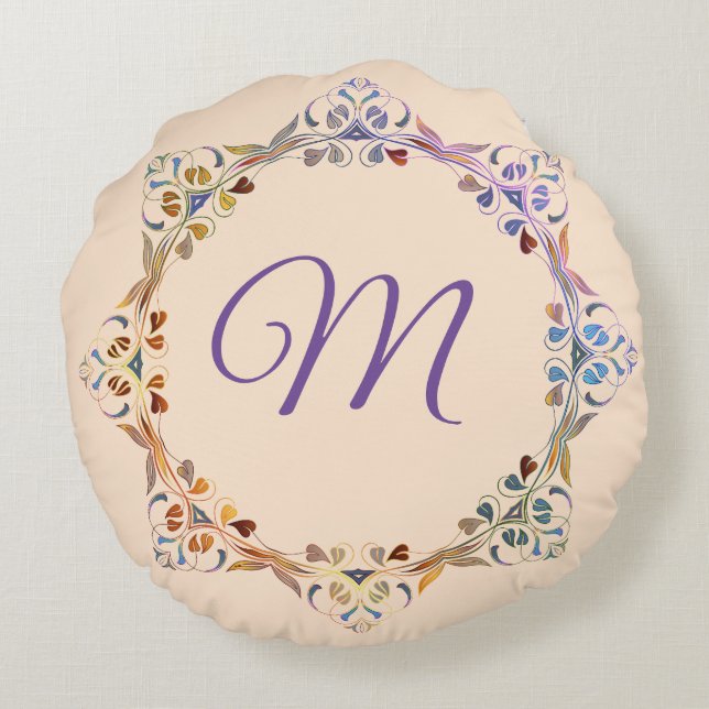 Rainbow Colourful Leaf Ring Monogram Round Cushion (Back)