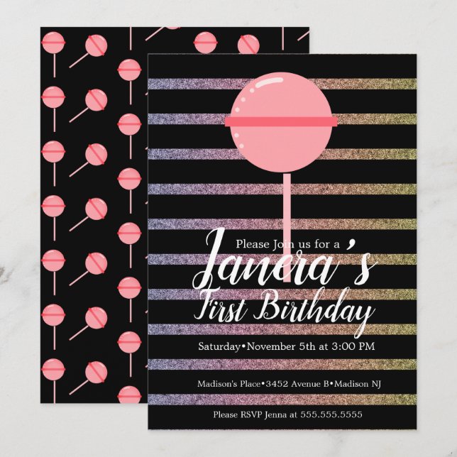 Rainbow Colourful Lollipop Candy Bar First Birthda Invitation (Front/Back)