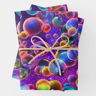 Rainbow Colourful Neon Glowing Bubbles 80s 90s Wrapping Paper Sheet