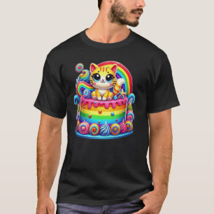 Rainbow Colourful Party Kitten Lover Birthday Cake T-Shirt