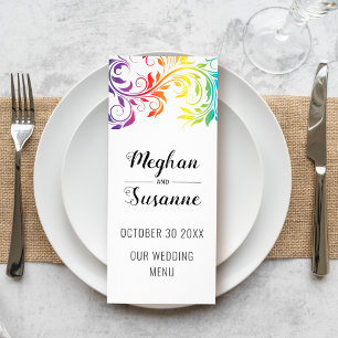 Rainbow colourful scroll leaf lesbian wedding rack card