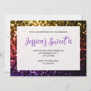 Rainbow colourful sparkles Sweet 16 elegant script Invitation